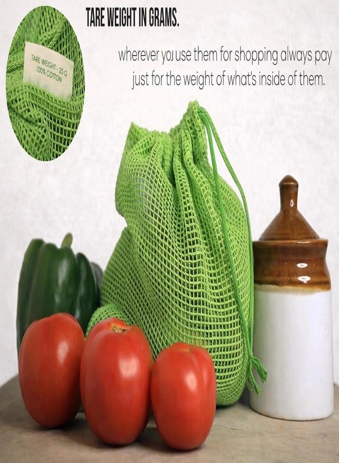 Kimee 100% Cotton Set of 6 Fridge Drawstring Bags | Eco-Friendly Natural Vegetables Storage Mesh Net for Fridge | Multi-Purpose Cotton Mesh Bag (Neem Green) - Image 2